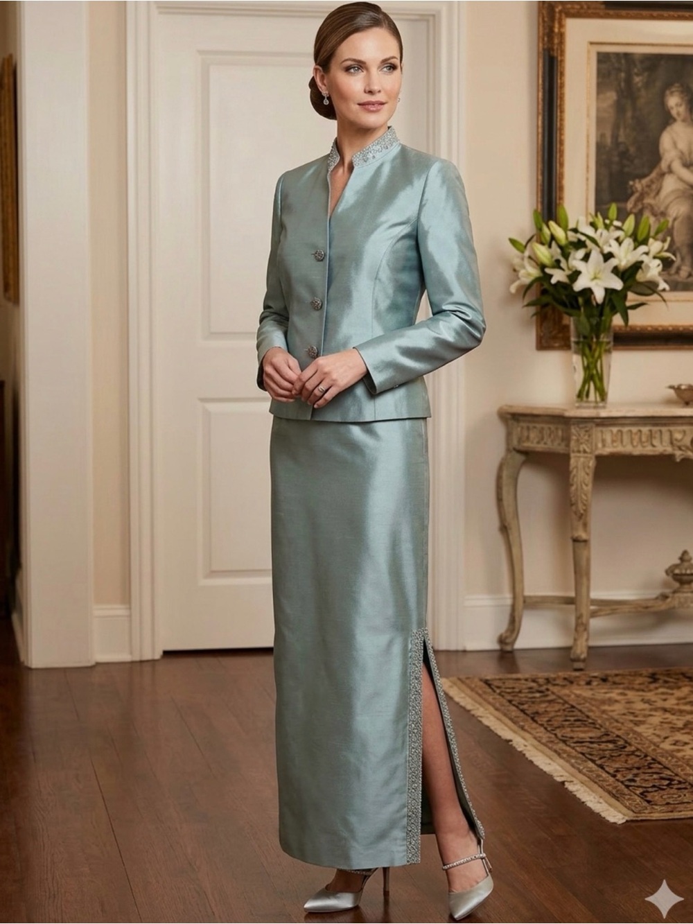 Vintage Bloomingdale’s maxi Skirt Suit Shimmering Sage Two-Piece Evening